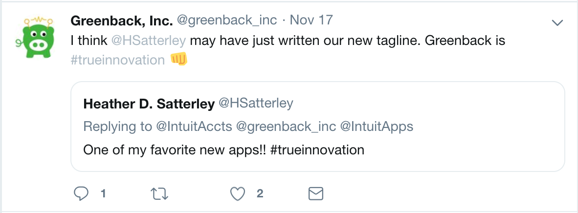 Greenback #TrueInnovation Tweet